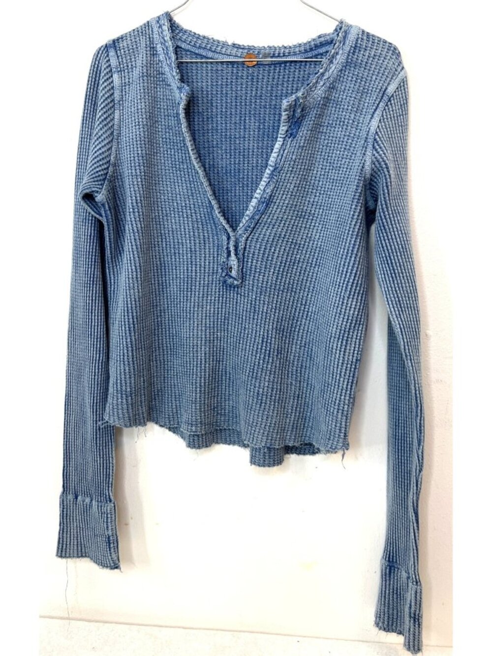 Free People One Colt Long Sleeve Waffle Knit Henley Top Blue Acid Wash Frayed L